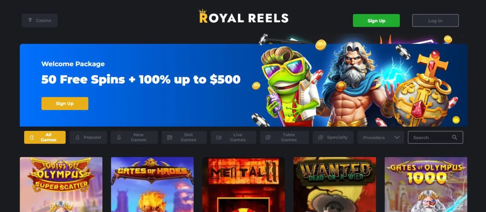 Royal Reels Casino lobby — game selection interface